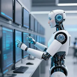 Attractive female robot guarding a wall of computers