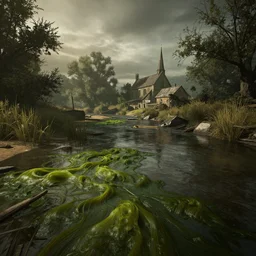 algae on the river stour in a desolate and decrepit canterbury, radioactive wasteland, screenshot from'fallout 4'