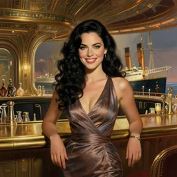 beautiful woman with long wavy curly black hair and green eyes, wearing a cocktail dress, smiling warmly. she is in the bar of the atlantis paradise, a retro futuristic spaceship made of brass bronze gold, art deco influence, hotel style design. bioshock, starship titanic. clean, well composed painting by artgerm and greg rutkowski.