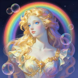 bust of a rainbow woma , fantasy, gradient rainbow, dreamy and ethereal, blue eyes, golden ratio, peaceful expression, ornate frilly dress, fantasy, intricate, elegant, rainbow bubbles, highly detailed, digital painting, artstation, concept art, smooth,b sharp focus, illustration, art by artgerm and greg rutkowski and alphonse mucha