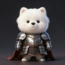 cute fluffy white dog wearing medieval suit of armor, illustration, concept art, art by wlop, dark, moody, dramatic