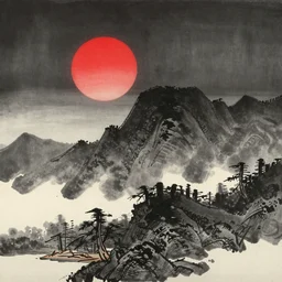 japanese ink painting, ( red sun )!!!, ( black mountains )!!, ukiyo - e