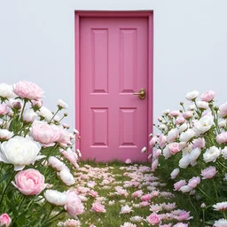 a pink door in a field of white and pink peonies and roses. pastel flowers growing from the ground next to a door. path of pastel flowers, high resolution, 8 k,