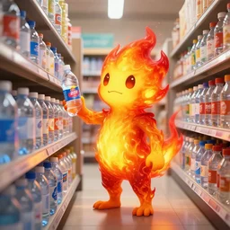 an anthropomorphic flame spirit in a store contemplating which brand of water to buy while shopping, 4k digital art, highly detailed
