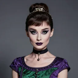 in the style of joshua middleton, artgerm, beautiful audrey hepburn, steampunk, bioshock, purple and green top, elegant pose, middle shot, spooky, symmetrical face symmetrical eyes, three point lighting, detailed realistic eyes, short neck, insanely detailed and intricate elegant