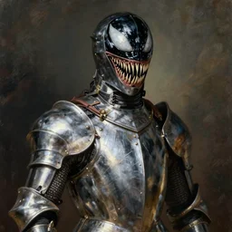 a realistic painting by Raffaello Sanzi depicting the knight in shining armor with the head of the Symbiote Venom in the Renaissance.