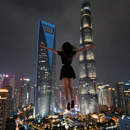 a girl flying upon shanghai lujiazui in the night, cityscape, rain, artstation, 8 k