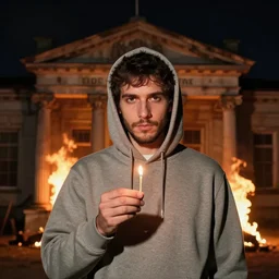 portrait photo still of a man wearing a hoodie holding a match, in front of an old bank on fire at night, 8 k, 8 5 mm f 1. 8