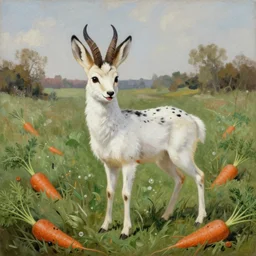 beautiful painting by rembrandt, jackalope in a grassy field surrounded by carrots, white with black spots, happy, photo, trending on artstation