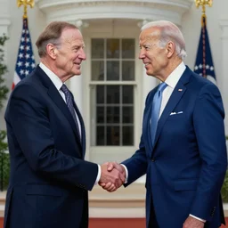 Walter White shakes hands with Joe Biden in the White House, photorealistic painting, hyper realism, high detail