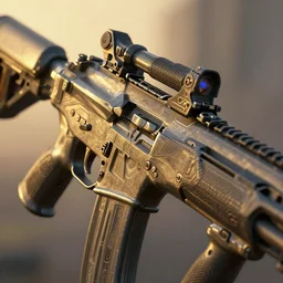 cyberpunk rifle close up, atmospheric lighting, painted, intricate, golden hour, ultra detailed by peter gric, giger, enki bilal