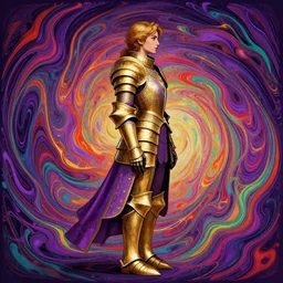 side profile cenetered portrait, imogen poots paladin, design by artgerm, cushart krenz, greg rutkowski, mucha. gloomhaven, swirly vibrant color lines ripples, gaudy colors, ( ( gold purple plate armour ) ) sharp edges. ultra clear detailed. 8 k. elegant, intricate, octane render