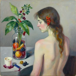 “ sensual portrait of a female art student from behind, fresh fruit, berries, plants in scientific glassware, art materials, candle wax, berry juice drips, neo - expressionism, surrealism, acrylic and spray paint and oilstick on canvas ”