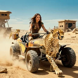 a film still from the movie mad max fury road of the anthropomorphic cheetah raiders driving around in the post apocalyptic wasteland gal gadot
