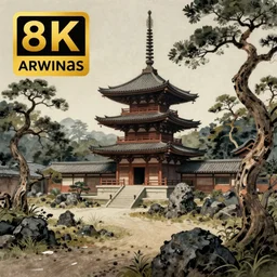 digital painting of old japanese landscape with pagoda, curved trees and rocks, detailed, high quality, trending on artstation, 8 k, award winning