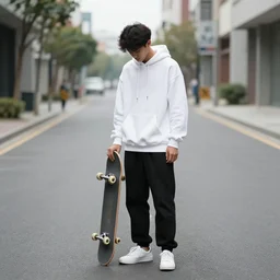 guy with white hoodie and skateboard stands looking doen in an emoty street at night. cars parked. long street. very noisy. noise. noise effect.