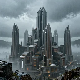 minas tirith futuristic city, 1980s aesthetic, hyperreal, extremely detailed, rain