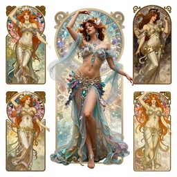 Character concept and fashion spot illustrations from the Final Fantasy rococo belly dance mashup, full-body, bloom, dynamic poses, diaphanous cloth, intricate crystalline and feather jewelry, ornate, filigree, arcane, cinematic lighting, by Alphonse Mucha, by Artgerm, by Bouguereau, by Sakimichan, fantasy, portfolio illustration, highly detailed, trending on Artstation, CGsociety, HQ, 8k, 35mm lens, f2.8, Bokeh,