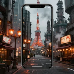 an iphone panorama photo taken in a futuristic steampunk city resembling tokyo. orange elegant street lights, billboard, cafes are in the picture. lots of smoke and big industrial towers are in the background. high quality, detailed, atmospheric lighting