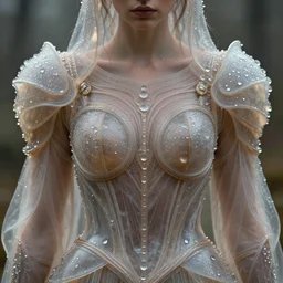 full shot of a regal brown woman wearing an intricate and detailed armor made of dew drops. multiple layers. reflections. morning dew. textures. delicate. translucent.. no makeup!! freckles!! haunting eyes. vulnerable. fragile. ethereal. refracted light. extremely soft lighting. textures. delicate. translucent. photorealistic. octane render