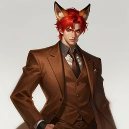 a highly detailed illustration of attractive young red haired man with fox ears wearing brown suit, dramatic pose, intricate, elegant, highly detailed, centered, digital painting, artstation, concept art, smooth, sharp focus, league of legends concept art, wlop