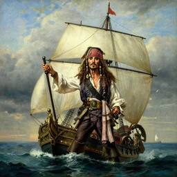 jack sparrow sailing a ship, painting by gaston bussiere, craig mullins, j. c. leyendecker