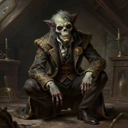 formal portrait of a zombie. they are an animal trainer, and would like to be portrayed crouching in an attic room, deep focus, d & d, fantasy, intricate, elegant, highly detailed, digital painting, artstation, concept art, matte, sharp focus, illustration, hearthstone, art by artgerm and greg rutkowski and alphonse mucha