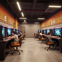 two boy playing game at a spacious gaming room, highly detailed interior rendering, led lights, 1 9 6 0 s, unreal engine, by peter guthrie