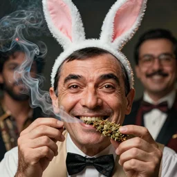 hyper realistic, close up portrait of a mega derpy mr. bean, big chungus, danny devito, danny trejo, with bunny ears, smoking massive amounts of weed, big smile, buck teeth, by greg rutkowski, scott m fischer, artgerm, loish, slight glow, atmospheric, anne stokes, alexandros pyromallis, 4 k, 8 k