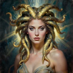 Head and shoulders masterpiece portrait of the beautiful goddess Lana Rhoades as Medusa the greek goddess, she is looking straight to the camera, she has a glow coming from her, she is getting illuminated for rays of light, behind is a scary atmosphere, she is posing, the photo was taking by Annie Leibovitz, matte painting, oil painting, naturalism, 4k, 8k