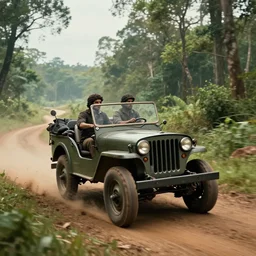 willys jeep, in kerala forest road in 1921, chasing action scene, an epic fantasy, dramatic lighting, cinematic, establishing shot, extremely high detail, photorealistic, cinematic lighting, matte painting, artstation, by simon stalenhag, horizon forbideen west