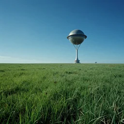Green grassy field on an alien world, blue sky, retrofuturism, cinematic perspective, cinematic lighting, Syd Mead