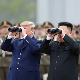 trump and kim jong un using binoculars, at a military parade