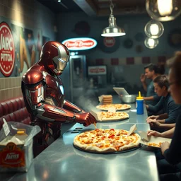 film still of ironman working in a pizza parlor making pizza in the new avengers movie, 4 k