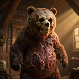 a mutated bear monster in a wooden cabin illuminated by warm light, skull protruding from face, warped flesh, dreamlike, intricate detail, 3d render, octane render, god rays, depth of field, trending on artstation, 4k, hd