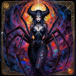 the unholy divine macabre spider goddess of trypophobia and vast expansive cosmic darkness, trending on pixiv, trending on artstation, vibrant, highly detailed fantasy character illustration by jackson pollock and rebecca guay, art deco