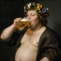 a fat man drinking a beer wearing a crown of flowers, by jan van eyck,