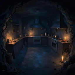 night, volumetric shadows, volumetric candle lighting, underground basement, dark walls, fisheye, naive, extra narrow, detailed illustration of a kitchen, large floor, dungeon lighting by rhads from lorax movie, trending artstation, dark blue, vines crawling, tavern