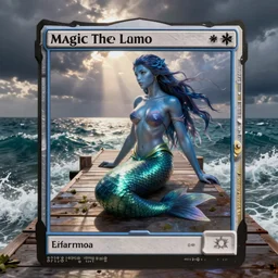 a beautiful female blue skinned merfolk on a jetty surrounded by a rough sea, in the style of magic the gathering