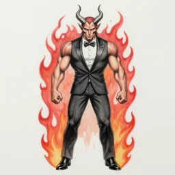 full body drawing by Luke Starkie of a muscled horned Satan Devil , swimming tuxedo, red flames in background