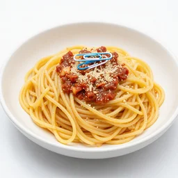 spaghetti mixed with paperclips, food photography