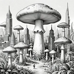 Geometrically surreal mushroom city, extremely high detail, photorealistic, intricate line drawings, dotart, album art in the style of James Jean
