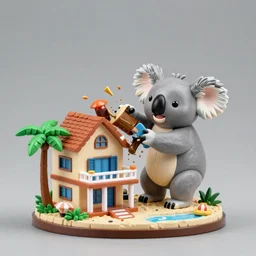 accurate detailed pvc, figurine of a koala destroying a beach house!!! figurine!!!, studio lighting, grey background, no shadow, trending on artstation, 4 k, highly detailed!!!