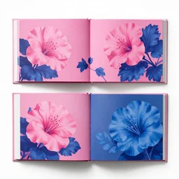 flatlay book collection, vivid colors, dramatic lighting, pink and blue flowers