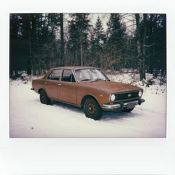 rusty sedan in winter forest, greyscale, Polaroid, editoral image