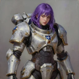 a portrait of a very beautiful woman in battletech elemental clanner clan battle armor, Alexandria\'s genesis, chin-length purple hair, bored, illustration, soft lighting, soft details, painting oil on canvas by mark arian by artgerm, trending on artstation, 4k, 8k, HD