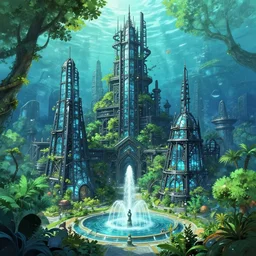 A beautiful under water city made of black steel and glass, anime, lush trees, fountain, statue, a fantasy digital painting by Greg Rutkowski and James Gurney, trending on Artstation, highly detailed