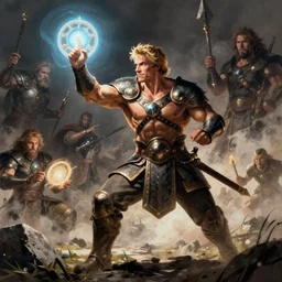 illustration of conan o'brien as a dnd paladin with short blonde hair and big muscles, casting a protection spell, by john howe, james gurney