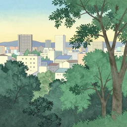 city with trees in the style of hasui kawase