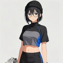 Outfit concept of an anime girl wearing a black grey and blue crop top, rounded eyeglasses, a beanie, and sneakers grey. painted by Simon Stålenhag, detailed, deviantart, high quality, masterwork, raytraced, amazing detail, glorious lighting, well lit